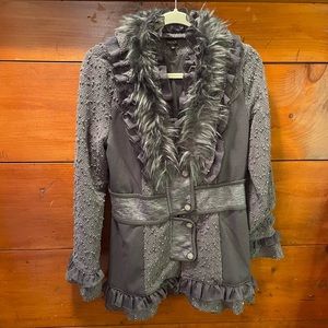 Fantazia Sweater Jacket, deep grey, sparkle, ruffled collar, faux belt,med ✨️ ♥️
